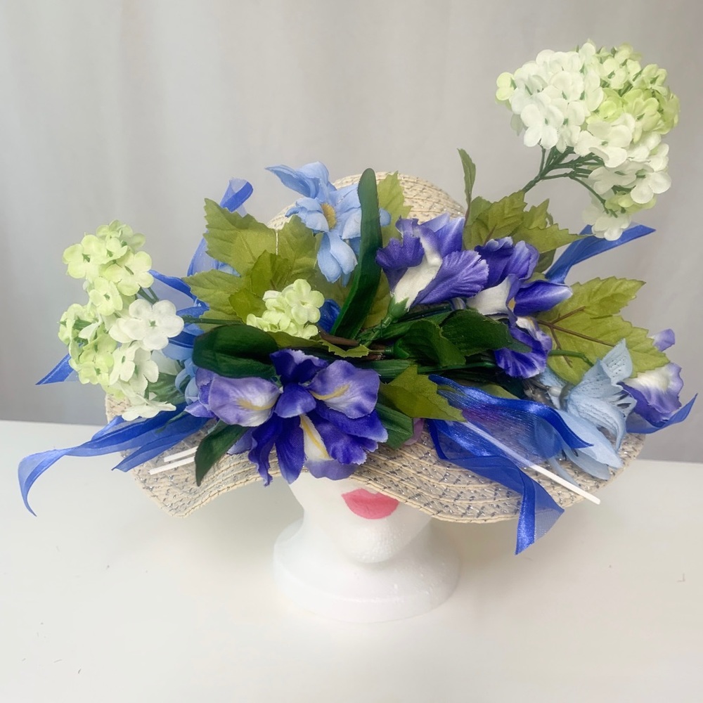 NEW designed blue flowers hat child small adult tan hat has silver sparkle sewn